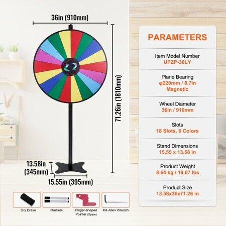 36 inch Spinning Prize Wheel 18 Slots Spinning Wheel Roulette Wheel with a Dry Erase and 2 Markers Tabletop or Floor Standing Win Fortune Spin Games