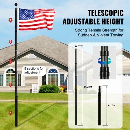 25FT Telescopic Flagpole Kit Heavy Duty Aluminum Alloy Flag Pole Kit in Ground for Outside 3 Display Modes Flagpole with Professional Accessories Black