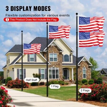 25FT Telescopic Flagpole Kit Heavy Duty Aluminum Alloy Flag Pole Kit in Ground for Outside 3 Display Modes Flagpole with Professional Accessories Black