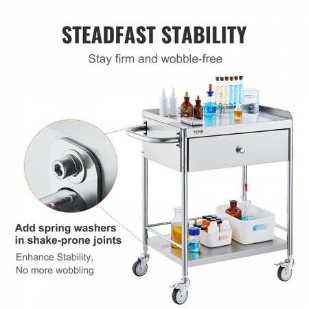 VEVOR Medical Cart 2 Layers Stainless Steel Cart 100 kg Weight Capacity Lab Utility Cart with 360° Silent Wheels and a Drawer for Lab Clinic Kitchen Salon