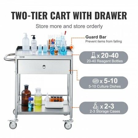 VEVOR Medical Cart 2 Layers Stainless Steel Cart 100 kg Weight Capacity Lab Utility Cart with 360° Silent Wheels and a Drawer for Lab Clinic Kitchen Salon