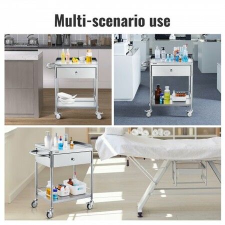 VEVOR Medical Cart 2 Layers Stainless Steel Cart 100 kg Weight Capacity Lab Utility Cart with 360° Silent Wheels and a Drawer for Lab Clinic Kitchen Salon