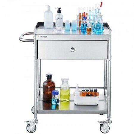 VEVOR Medical Cart 2 Layers Stainless Steel Cart 100 kg Weight Capacity Lab Utility Cart with 360° Silent Wheels and a Drawer for Lab Clinic Kitchen Salon