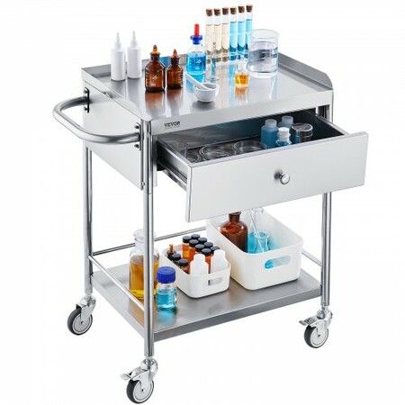 VEVOR Medical Cart 2 Layers Stainless Steel Cart 100 kg Weight Capacity Lab Utility Cart with 360° Silent Wheels and a Drawer for Lab Clinic Kitchen Salon