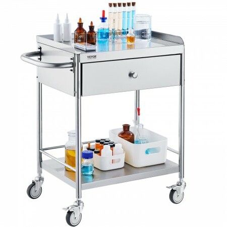 VEVOR Medical Cart 2 Layers Stainless Steel Cart 100 kg Weight Capacity Lab Utility Cart with 360° Silent Wheels and a Drawer for Lab Clinic Kitchen Salon