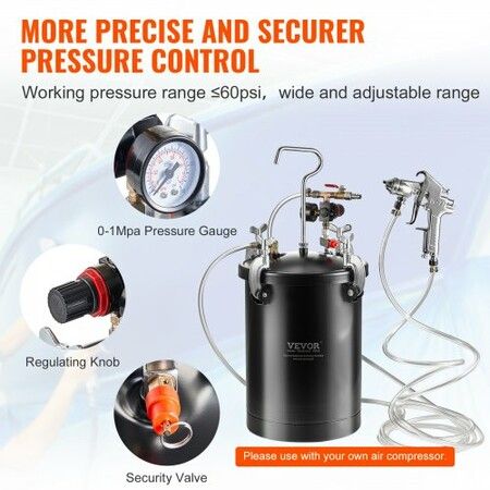 Spray Paint Pressure Pot Tank 15L/3.75gal Spray Gun Hoses Pressure Gauge