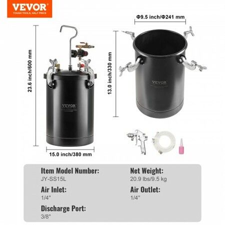 Spray Paint Pressure Pot Tank 15L/3.75gal Spray Gun Hoses Pressure Gauge