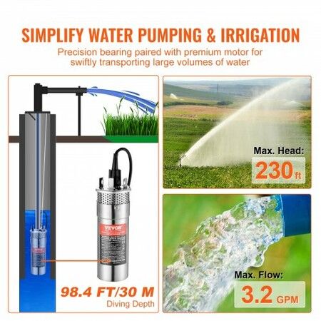 Solar Water Pump DC 120W Submersible Deep Well Pump Max Flow 3.2 GPM Max Head 70 m Max Submersion Depth 30 m Solar Powered Water Pump