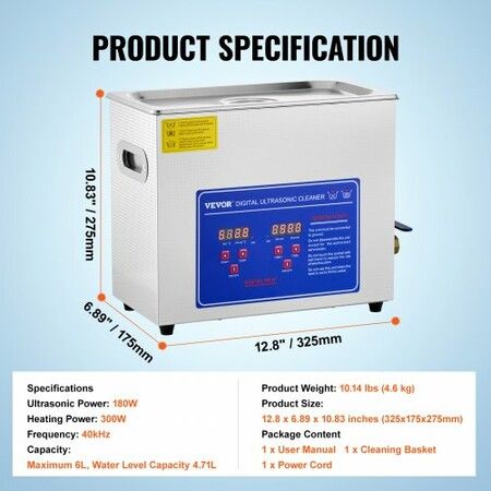 Brand New 6 Liter Stainless Steel Digital Ultrasonic Cleaner w/ Bracket & Drainage System