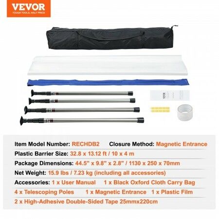 Dust Barrier Poles 12 Ft Barrier Poles Dust Barrier System with 4 Telescoping Poles Magnetic Zipper Carry Bag and 32.8x13.12 Ft Plastic Film