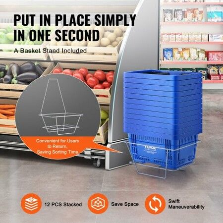 Shopping Basket Set of 12 24L Durable Plastic Grocery Basket with Handle and Stand 425 x 295 x 225 mm Portable Shop Basket Bulk Used