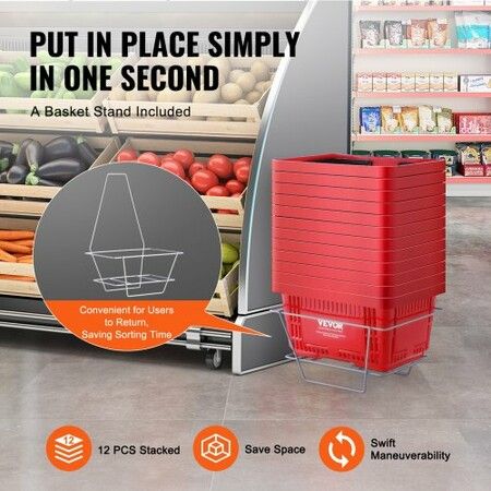 Shopping Basket Set of 12 24L Durable Plastic Grocery Basket with Handle and Stand 425 x 295 x 225 mm Portable Shop Basket Bulk Used