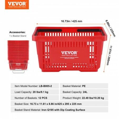 Shopping Basket Set of 12 24L Durable Plastic Grocery Basket with Handle and Stand 425 x 295 x 225 mm Portable Shop Basket Bulk Used