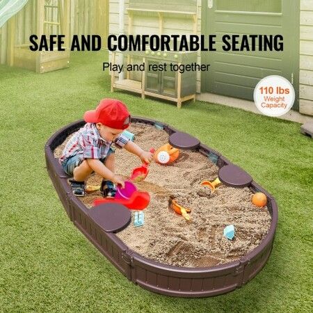 Sandbox with Cover 72 x 41.5 x 9.1 in Oval Sand Box HDPE Sand Pit with 4 Corner Seating and Bottom Liner Kids Sandbox for Outdoor Backyard Beach Park