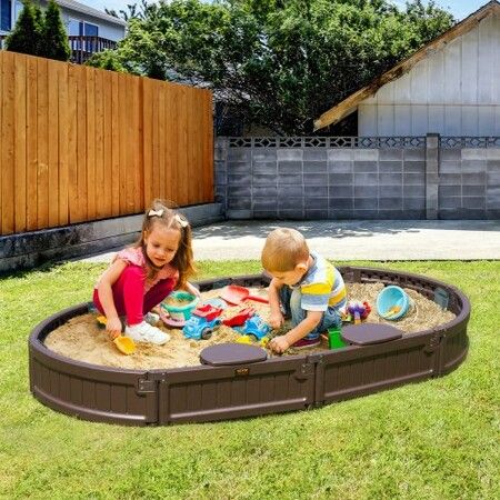 Sandbox with Cover 72 x 41.5 x 9.1 in Oval Sand Box HDPE Sand Pit with 4 Corner Seating and Bottom Liner Kids Sandbox for Outdoor Backyard Beach Park