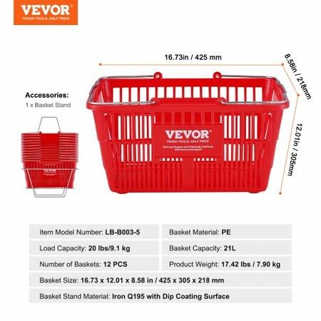 Shopping Basket Set of 12 21L Durable Plastic Grocery Basket with Metal Handle and Stand 425 x 305 x 218 mm Portable Shop Basket Bulk Used