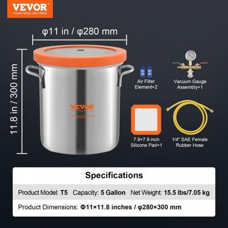 5 Gallon Vacuum Chamber Upgraded Tempered Glass Lid Vacuum Degassing Chamber 304 Stainless Steel Chamber for Stabilizing Wood Resin Degassing