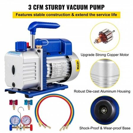 3CFM 84 L/M 1-Stage Refrigerant Vacuum Pump Refrigeration Gauges A/C Air Conditioning 1440 RPM 1/4 HP 3 pcs hoses 800 PSI Refrigeration Gauges