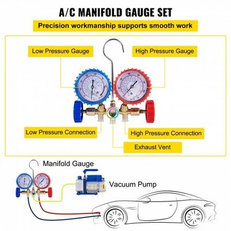 3CFM 84 L/M 1-Stage Refrigerant Vacuum Pump Refrigeration Gauges A/C Air Conditioning 1440 RPM 1/4 HP 3 pcs hoses 800 PSI Refrigeration Gauges