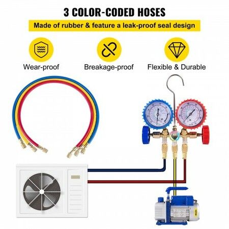 3CFM 84 L/M 1-Stage Refrigerant Vacuum Pump Refrigeration Gauges A/C Air Conditioning 1440 RPM 1/4 HP 3 pcs hoses 800 PSI Refrigeration Gauges