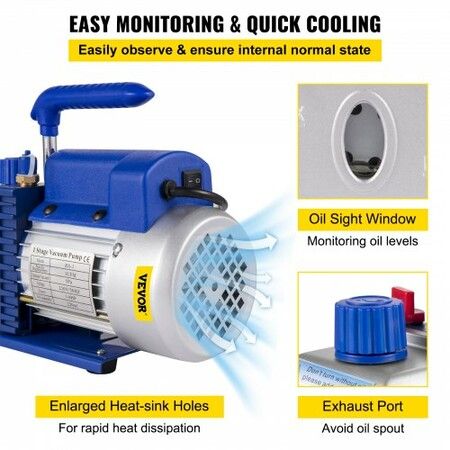 3CFM 84 L/M 1-Stage Refrigerant Vacuum Pump Refrigeration Gauges A/C Air Conditioning 1440 RPM 1/4 HP 3 pcs hoses 800 PSI Refrigeration Gauges