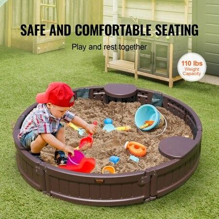 Sandbox with Cover 47.2 x 9.1 in Round Sand Box HDPE Sand Pit with 3 Corner Seating and Bottom Liner Kids Sandbox for Outdoor Backyard Beach Park Gift