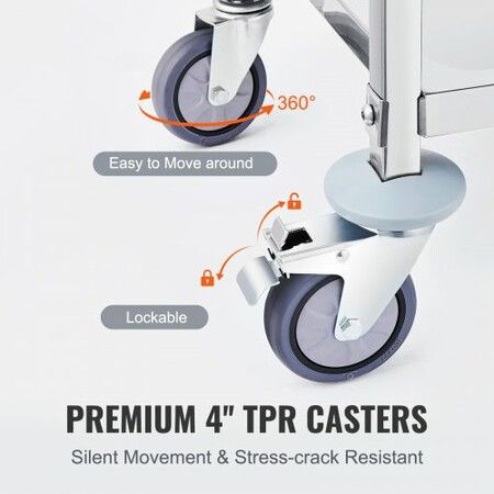 VEVOR Stainless Steel Cart 3 Layers Lab Utility Cart 181 kg Weight Capacity Medical Cart with Lockable Universal Wheels for Lab Clinic Kitchen Salon