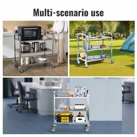 VEVOR Stainless Steel Cart 3 Layers Lab Utility Cart 181 kg Weight Capacity Medical Cart with Lockable Universal Wheels for Lab Clinic Kitchen Salon