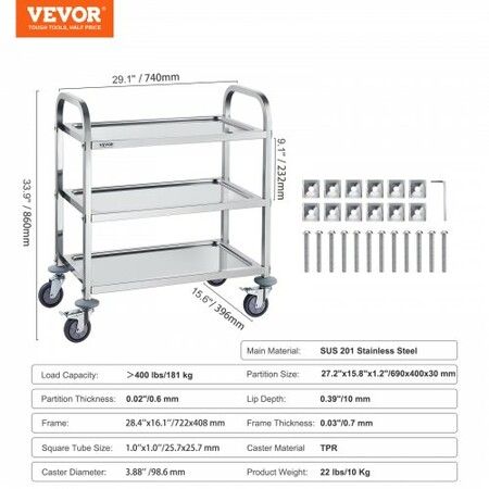 VEVOR Stainless Steel Cart 3 Layers Lab Utility Cart 181 kg Weight Capacity Medical Cart with Lockable Universal Wheels for Lab Clinic Kitchen Salon