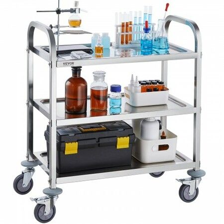 VEVOR Stainless Steel Cart 3 Layers Lab Utility Cart 181 kg Weight Capacity Medical Cart with Lockable Universal Wheels for Lab Clinic Kitchen Salon