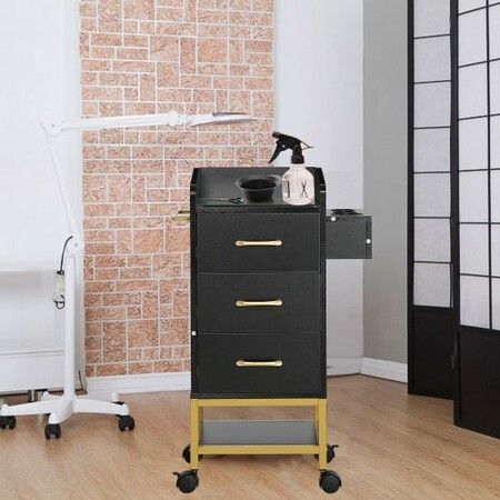 Beauty Salon Storage Trolley Cart Glass Top Hair Salon Station Cabinet for Stylist w/ Drawer & Dryer Holder MDF Rolling Hairdressing Salon Cart on 4 Wheels