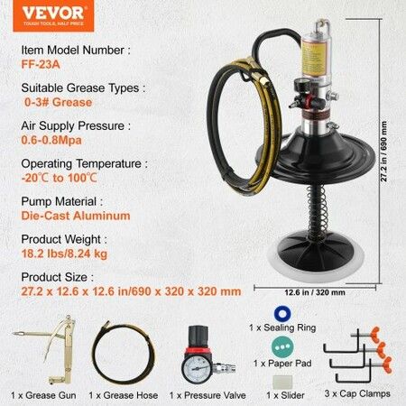 Grease Pump 50:1 Pressure Ratio Air Operated Grease Pump with 3.88 m High Pressure Hose and Grease Gun Pneumatic Grease Pump with Barrel Cap Portable