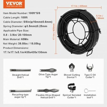 Drain Cleaning Cable 100 FT x 5/8 Inch Professional Sectional Drain Cleaner Cable with 7 Cutters for 0.8" to 3.9" Pipes Hollow Core Sewer Drain Auger Cable