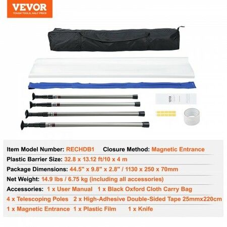 Dust Barrier Poles 10 Ft Barrier Poles Dust Barrier System with 4 Telescoping Poles Magnetic Zipper Carry Bag and 32.8x13.12 Ft Plastic Film