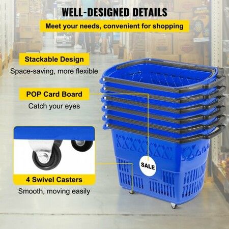 Shopping Basket with Handle on Castors- Blue Pack of 6