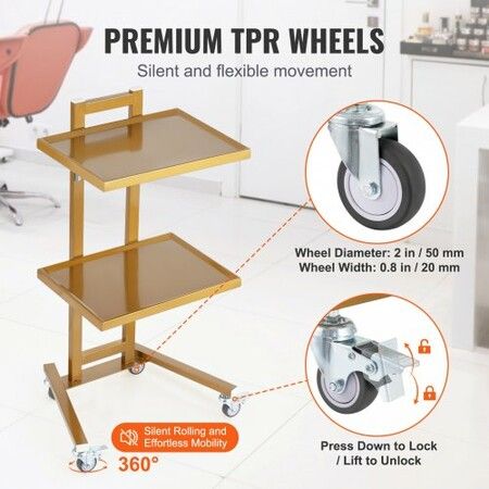 2 Tiers Stainless Steel Lab Carts with 2 Trays & 4 Silent Wheels Golden