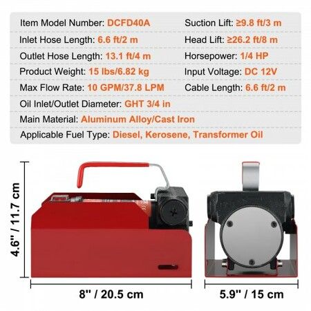 Fuel Transfer Pump 12V DC 10 GPM 8 m Lift Portable Electric Diesel Transfer Extractor Pump Kit with Automatic Shut-off Nozzle Delivery & Suction Hose