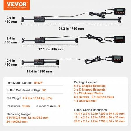 Digital Readout 152.4 mm & 304.8 mm & 609.6 mm Linear Scale 3 Axis DRO Display Kit with L-Shaped Brackets Z-Shaped Brackets Thickened Plates Screws