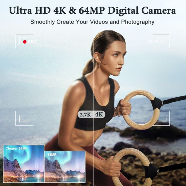 4K Digital Camera 64MP Vlogging Camera with Dual Cameras 16X Digital Zoom 4K Compact Travel Video Camera with 32GB SD Card,2 Batteries,Anti-Shake (White)