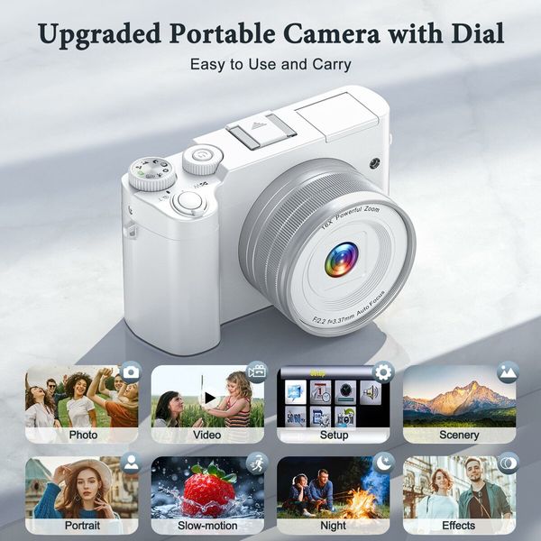 4K Digital Camera 64MP Vlogging Camera with Dual Cameras 16X Digital Zoom 4K Compact Travel Video Camera with 32GB SD Card,2 Batteries,Anti-Shake (White)