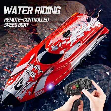 2.4GHz Remote Control Boat, 25KM/H High Speed Racing Jet Boats Gift Toy with LED Light for Pools Lakes River (Red)