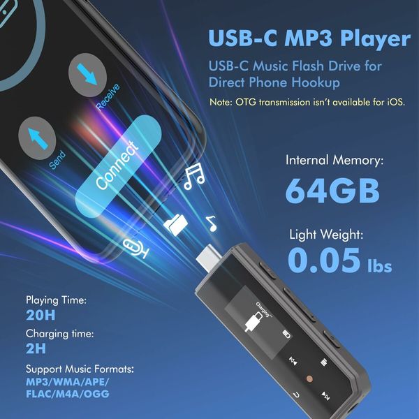 64GB Type-C USB MP3 Player with Bluetooth,Clip Portable Music Player with FM Radio,Voice Recorder,Pedometer,Digital Audio Shuffle A-B Repeat