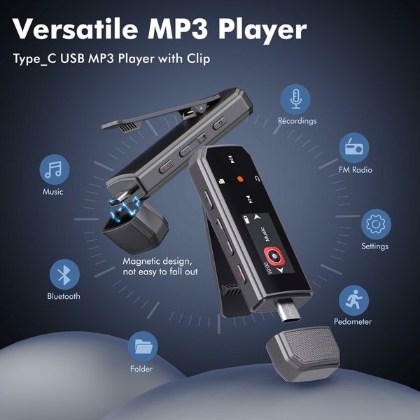 64GB Type-C USB MP3 Player with Bluetooth,Clip Portable Music Player with FM Radio,Voice Recorder,Pedometer,Digital Audio Shuffle A-B Repeat