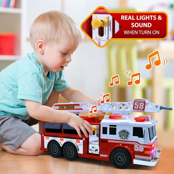 Fire Truck Motorized with Lights, Siren Sound, Working Water Pump and Rotating Rescue Ladder Electric, Size 15 Inch for Kids Aged 3 Up Years Old