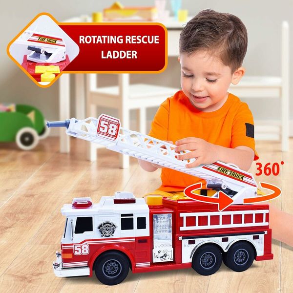 Fire Truck Motorized with Lights, Siren Sound, Working Water Pump and Rotating Rescue Ladder Electric, Size 15 Inch for Kids Aged 3 Up Years Old