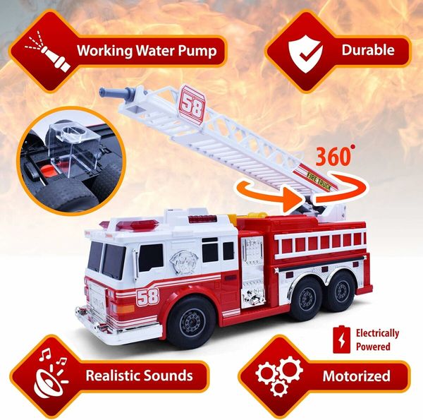 Fire Truck Motorized with Lights, Siren Sound, Working Water Pump and Rotating Rescue Ladder Electric, Size 15 Inch for Kids Aged 3 Up Years Old