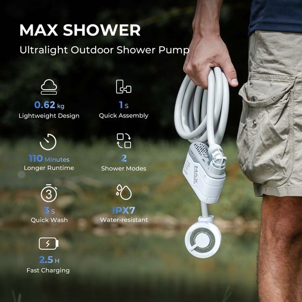 Ultralight Rechargeable Outdoor Shower Pump,Portable Camping Showerhead Handheld,Travel Shower with USB-C Water Pump for Hiking,Beach Vacations