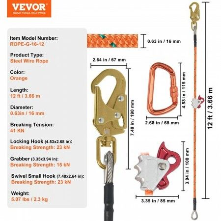 16mm Steel Core Flipline 12ft(3.6m) Arborist Flipline for Fall Protection