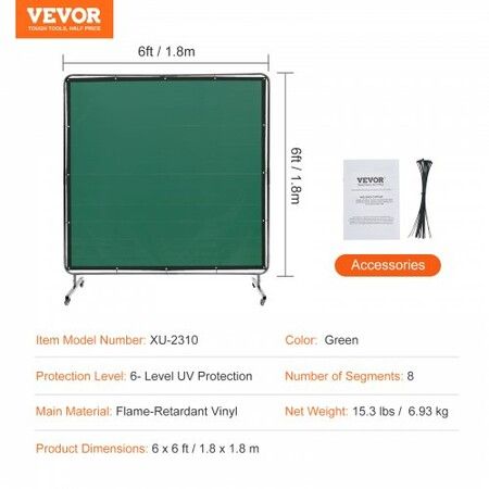 Welding Screen with Frame 6' x 6' Welding Curtain Screen on 4 Wheels Green