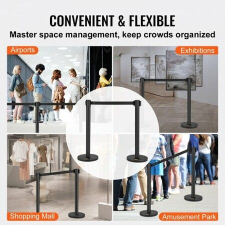 Crowd Control Stanchions 2-Pack Crowd Control Barriers Carbon Steel Baking Painted Stanchion Queue Post with 6.5FT Black Retractable Belt Belt Barriers